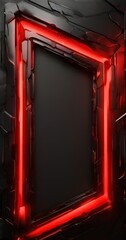 A digital illustration of a futuristic, angular frame with a black background and red neon lights, creating a striking and dynamic visual effect.
