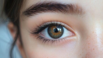 Obraz premium Detail of a beautiful hazel-green eye showcasing long eyelashes and defined features in soft natural light