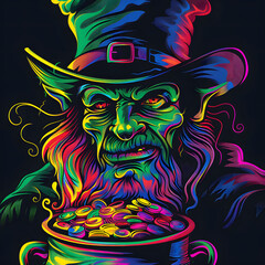Art, leprechaun with a pot of treasures, neon vector-style, horror design, St. Patrick's Day