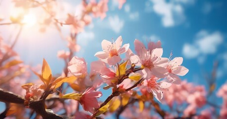 A close-up view of cherry blossoms in full bloom, with their delicate pink petals and yellow leaves against a bright blue sky with scattered clouds.