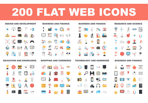 200 Flat web icons - design and development, business and finance, research and science, education and knowledge, shopping and commerce, technology and hardware