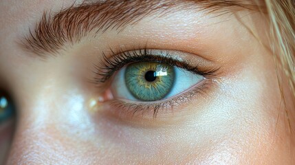 Obraz premium Close-up of a person's striking green eye showcasing intricate details of the iris and eyelashes in natural light