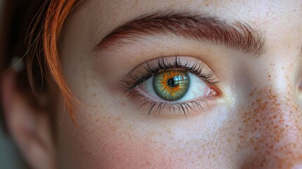 Fototapeta premium Close-up of a young person’s vivid green and orange eye with freckles and natural makeup indoors during daylight