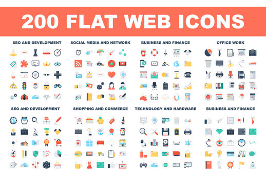 200 Flat web icons - SEO and development, social media and network, business and finance, office work, shopping and commerce, technology and hardware