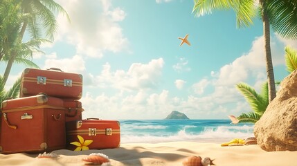 Obraz premium A 3D rendered summer vacation background featuring suitcases and beach items on the sand of an exotic island
