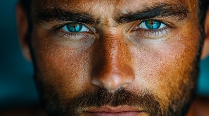 Fototapeta premium Striking close-up of a man with intense blue eyes and rugged facial features, showcasing emotions in natural light