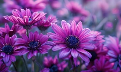 Obraz premium A close-up view of a cluster of purple daisy-like flowers with blue centers, set against a blurred background of similar flowers.