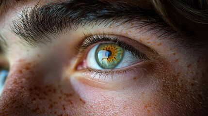 Fototapeta premium Close-up of a young man's eye highlighting vibrant colors and detailed features in natural light