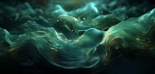 a swirling, ethereal scene of green and blue hues, with small particles or specks scattered throughout, creating a sense of movement and depth.