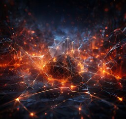 a complex network of interconnected lines and points, creating a striking visual effect. The lines and points are arranged in a way that suggests a sense of movement and energy,