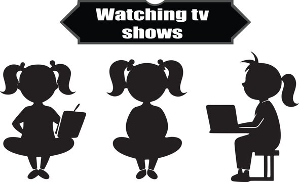 Watching TV Shows Dark Silhouette Shapes Vector Set