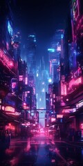 a futuristic cityscape at night, with towering skyscrapers and neon signs illuminating the scene. The perspective is from a low angle, looking up towards the city's skyline,