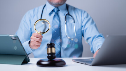A medical professional examines documents with a magnifying glass, merging healthcare and legal analysis to ensure compliance and quality Technology aids in the investigation of medical practices