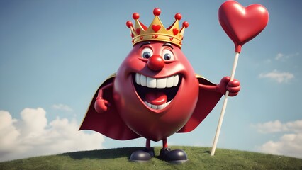 A heart character with a joyful expression, wearing a crown and cape, as if it's the "king of hearts," playfully leading the group. It could be holding a giant lollipop in the shape of a heart.