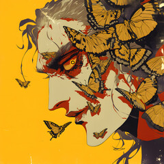 Art, man surrounded by butterflies, manga style, surrealism horror, Anxious transformation, internal struggle between good and evil, The look of chaos, Metamorphoses of darkness  