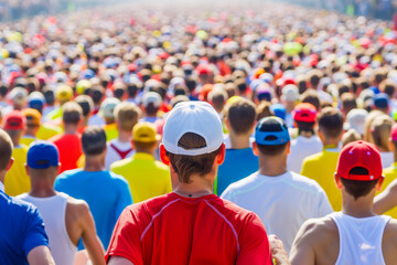 A man in a red shirt and white hat stands in front of a crowd of people