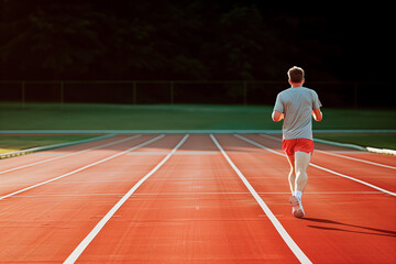 Fototapeta premium A man runs on a track with a red background