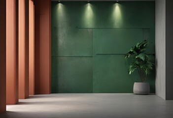 A modern, minimalist interior design with a green wall, orange columns, and a potted plant, illuminated by three spotlights.