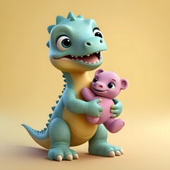 Cute Dinosaur Holding a Pink Bear