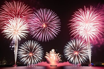 Fototapeta premium Ruby and Shimmering White Fireworks Bursting with Vivid Hues for New Year�s Celebration
