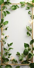 A gold-framed border surrounds a white background, with lush green leaves and delicate white flowers framing the space.