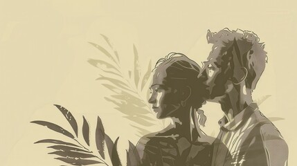 Fototapeta premium Genesis,Cain and Abel:Minimalist modern sketch of Adam and Eve mourning Abel, bold pencil lines on soft beige boho background biblical illustration, perfect for inspirational wall art.