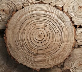 Fototapeta premium A close-up view of a cross-section of a tree trunk, revealing the concentric rings of the wood and the growth rings of the tree.