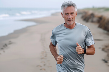 A man is running on the beach with his hands up in the air