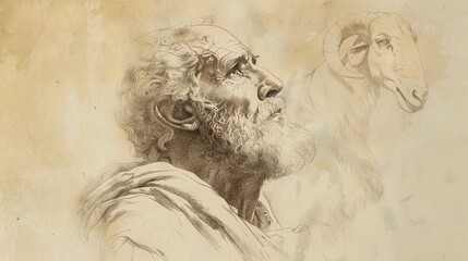 Genesis,The Sacrifice of Isaac:Modern Bible wall art of Abraham looking up and seeing the ram caught in the thicket, bold pencil sketch with minimalist design on soft beige background biblical ,