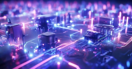 futuristic cityscape, with a complex network of glowing lines and structures, suggesting a high-tech, interconnected environment.