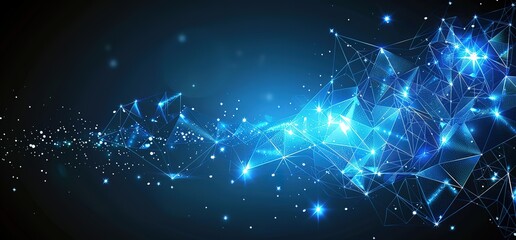 Abstract geometric shapes with glowing lights on a dark background. Futuristic design with a blue and black color scheme.