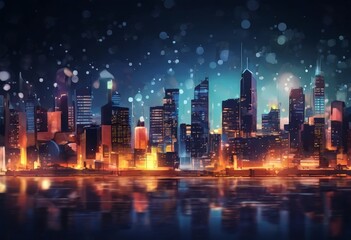 Fototapeta premium a vibrant, stylized nighttime cityscape with illuminated skyscrapers and a body of water reflecting the city's lights.
