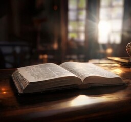An open book rests on a wooden table, bathed in the warm glow of sunlight streaming through a window in the background.