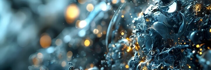 a close-up view of a complex, abstract structure composed of various metallic elements, including wires, tubes, and spheres, with a blurred, bokeh-like background.