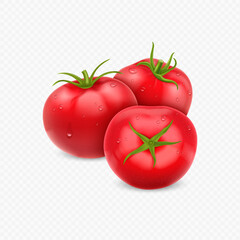 Realistic fresh ripe tomato set on transparent background.