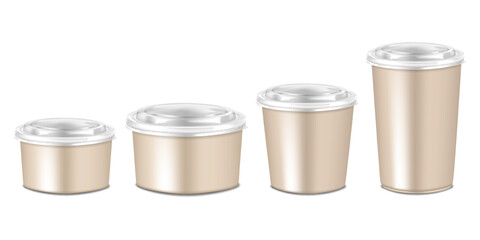 Craft paper bowl and cup with clear plastic lid set. 3d mockup. Disposable kraft paperboard takeaway food round container kit. Realistic vector mock-up. Template for design