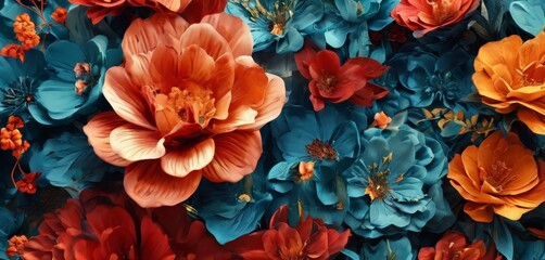 Fototapeta premium A vibrant floral arrangement featuring a large orange flower surrounded by smaller orange and blue flowers, with a dark blue background.