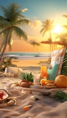 Obraz premium A serene beach scene at sunset, featuring a wooden tray with a variety of tropical fruits, a glass of orange juice, and a blue and white striped beach chair.