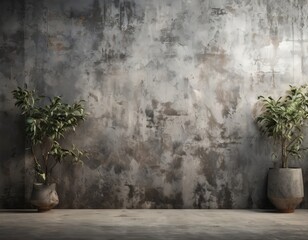 Two potted plants stand against a textured gray concrete wall, creating a minimalist and serene indoor setting.