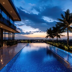 Fototapeta premium Sunset Reflecting in Infinity Pool at Prestigious Luxury Resort