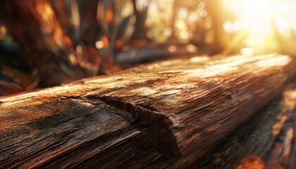 Fototapeta premium A close-up of a weathered wooden log, with sunlight filtering through the cracks and creating a warm, golden glow.