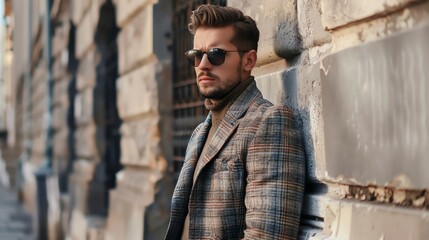 Obraz premium A man wearing a brown plaid jacket and a turtleneck sweater stands next to a building wall.