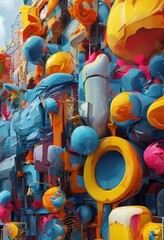 a vibrant and abstract representation of a building, composed of a multitude of colorful spheres and shapes, creating a dynamic and visually striking composition.