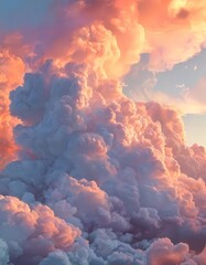 Fototapeta premium a breathtaking view of a sky filled with vibrant, fluffy clouds in shades of orange, pink, and blue, with the sun setting in the background.