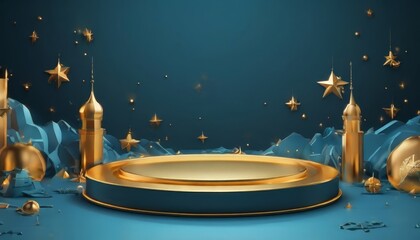 A golden circular podium stands against a dark blue background, surrounded by golden stars and a blue mountain landscape.