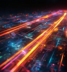 Obraz premium a futuristic cityscape with a complex network of glowing lines and lights, creating a sense of depth and movement.