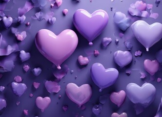 A collection of heart-shaped balloons in various shades of purple and pink, floating against a purple background.