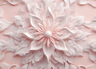 A close-up of a detailed, intricate pink flower with a central white center, surrounded by a pattern of delicate petals.