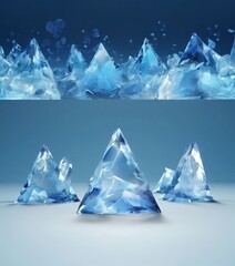Obraz premium collection of clear, triangular-shaped crystals in various shades of blue, set against a gradient background transitioning from a darker blue at the top to a lighter blue at the bottom.