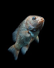 Fototapeta premium the Mozambique Tilapia , portrait view, white copy space on right, Isolated on black Background